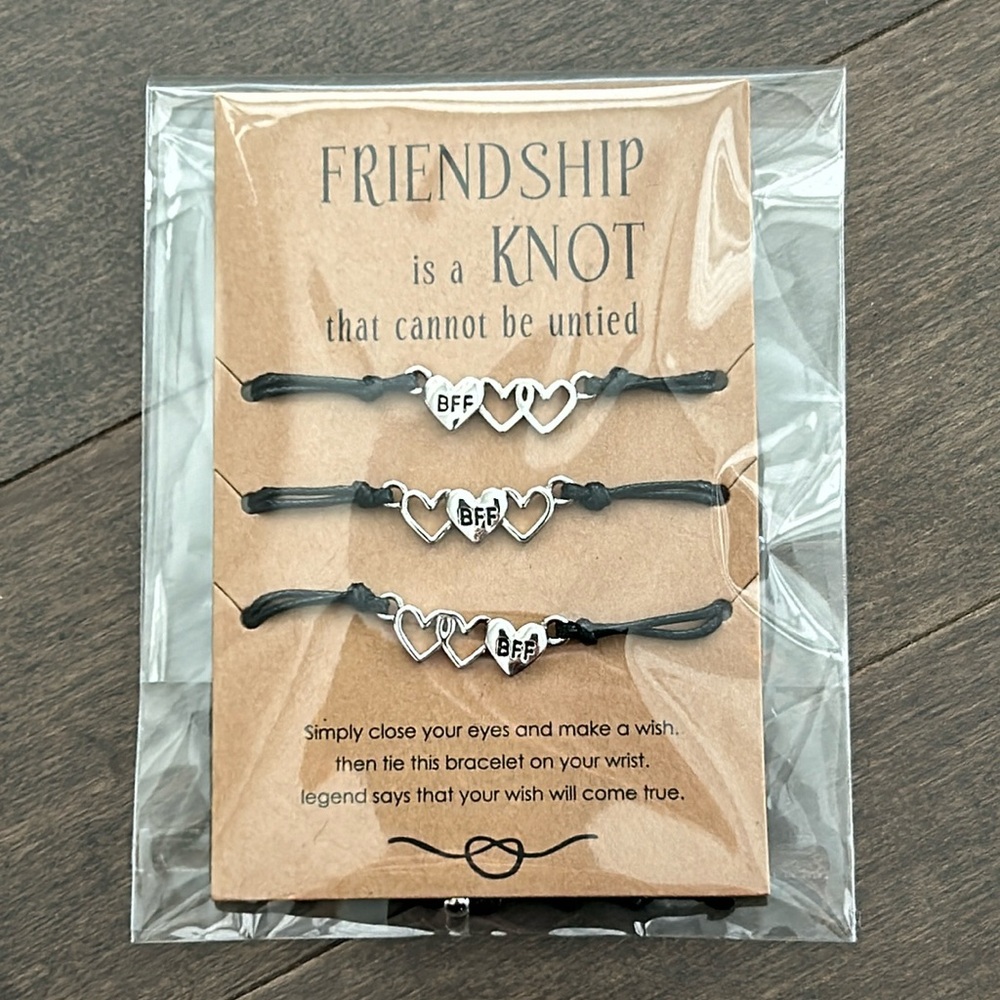 Best Friend Bracelet Set, Bestie Gift, Silver Black Jewellery Heart BFF Charm